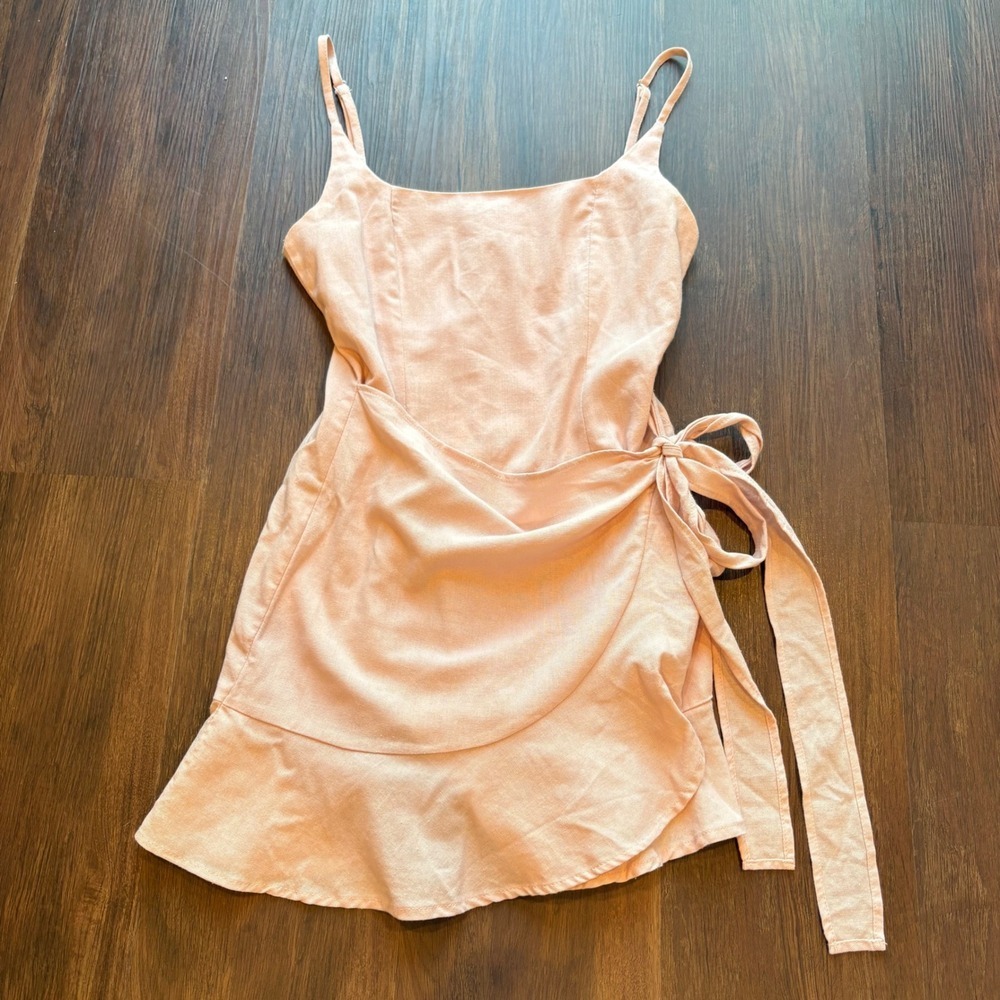 Princess Polly Coastal Boho Blush Pink Linen Wrap Mini Dress Size 4